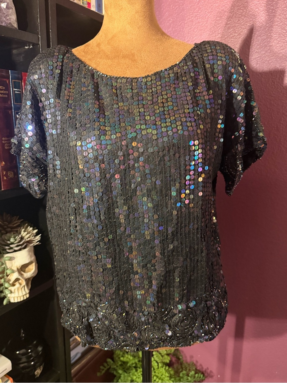 Black Sequin Short Sleeve Women’s Top